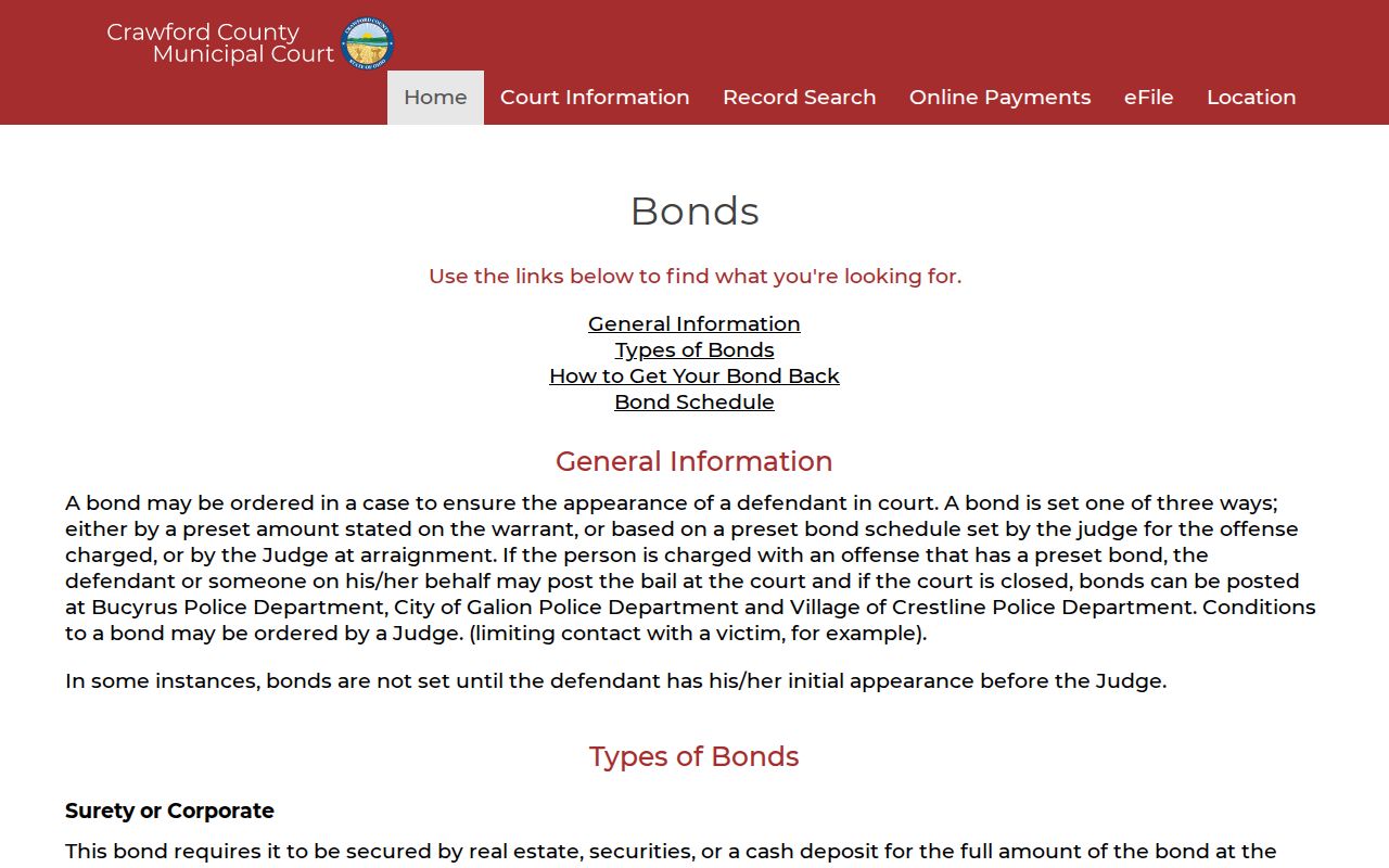 Crawford County inmate release bond types and after-hours locations