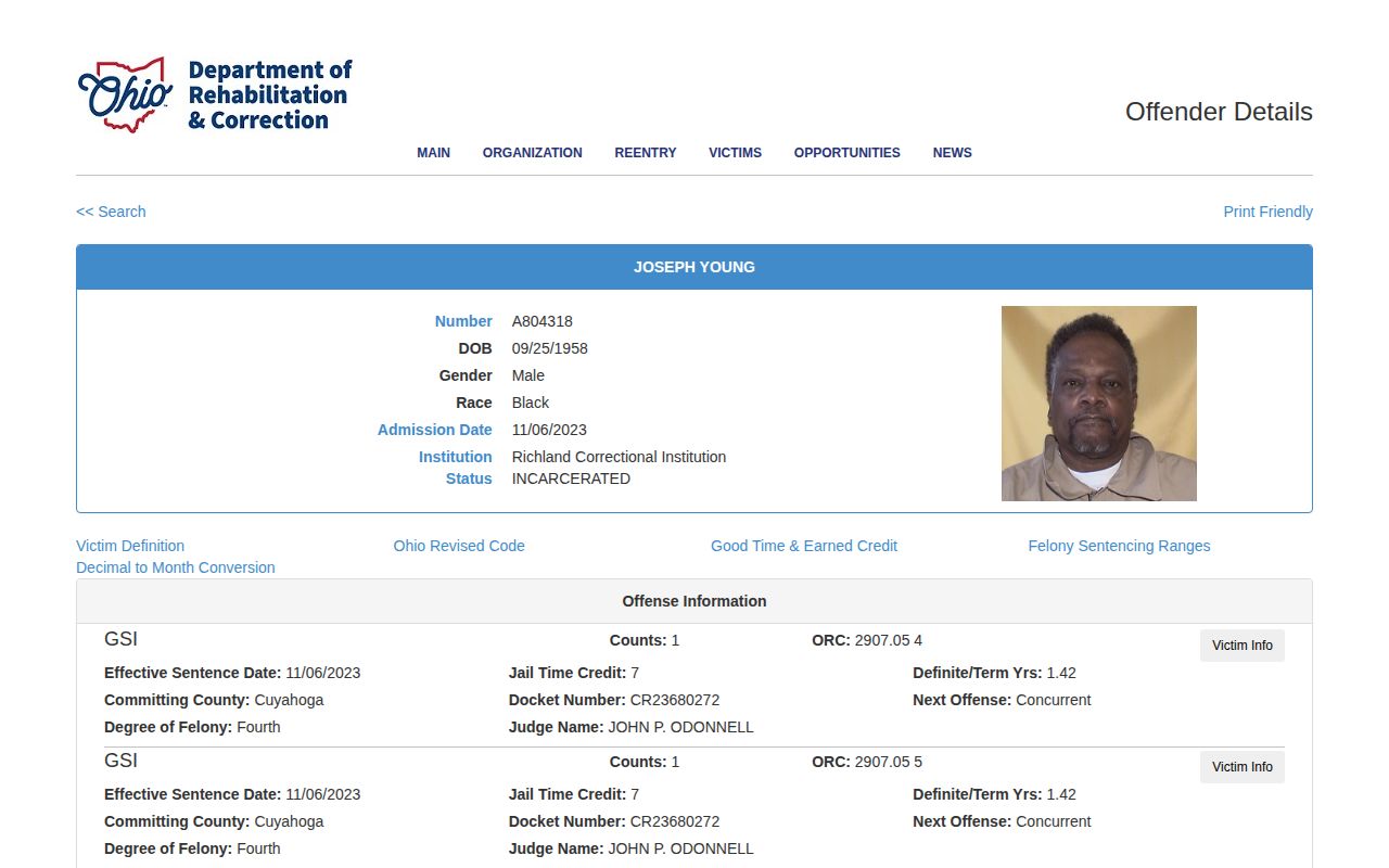 ODRC Expected Release Date or Parole Eligibility Date field for Crawford County lookup