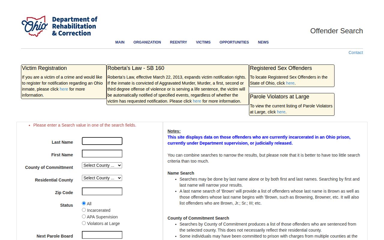 Crawford County released inmate ODRC name number status search