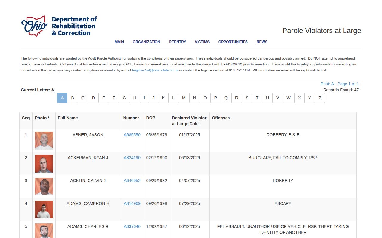 Ohio Violators at Large lookup for Crawford County parole cases
